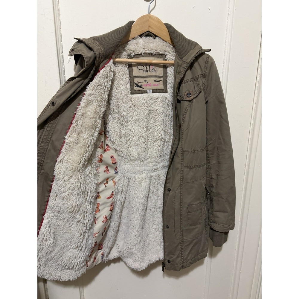 Miss Top Gun Utility Parka Jacket Green Pinup Lined Hood‎ Shearling Size XS - Picture 2 of 10
